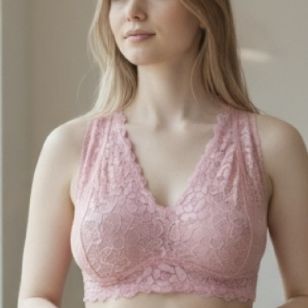 Pink lace unlined plus size bra. DD cup, DDD cup, E cup, EE cup, EEE cup, F Cup